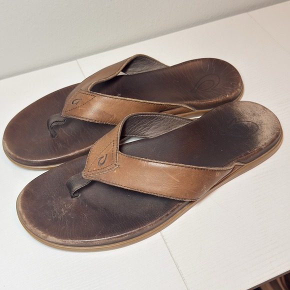 OluKai Other - OluKai Nalukai Leather Flip Flop Thong Sandals Brown 10386-6363 Men's Sz 14